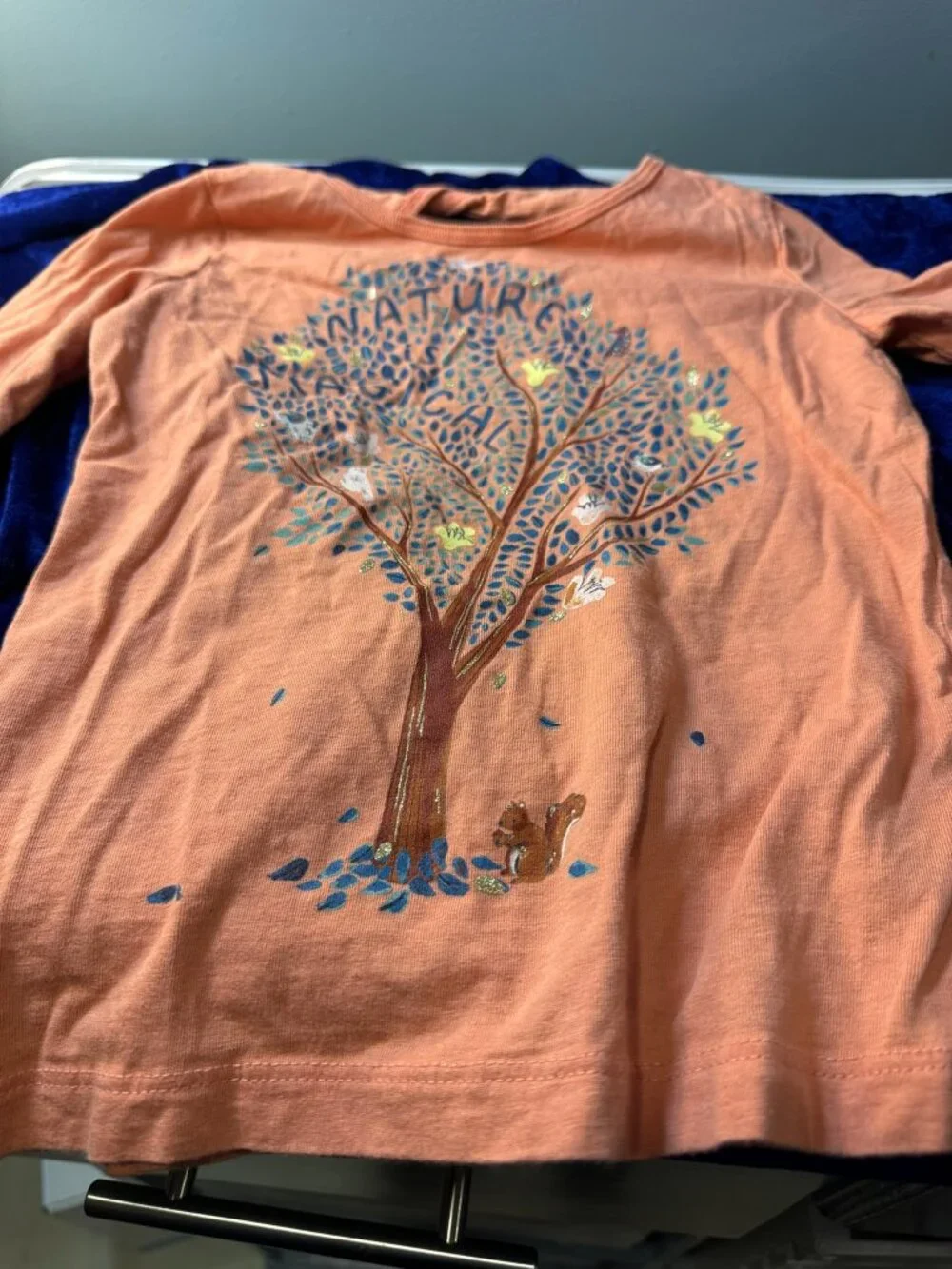 Girls Multi Color Tree-Squirrel Long Sleeve Button Back T-Shirt